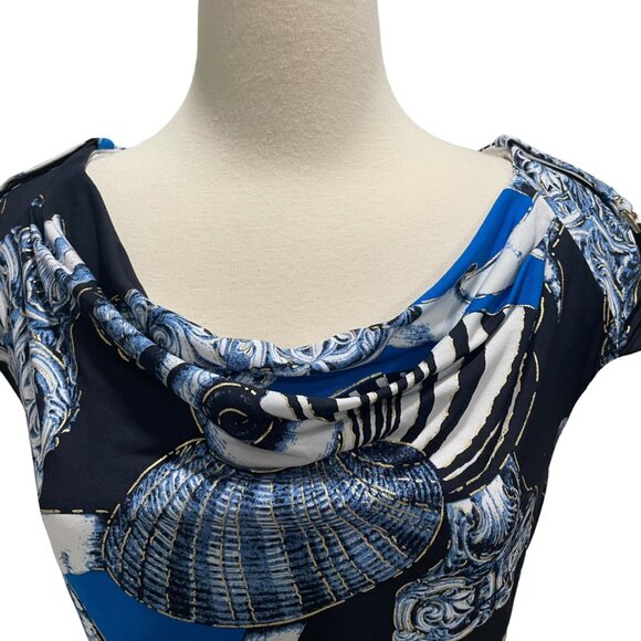 Cache Blue/Black Seashell Dress M Cap Sleeve Belted Elegant Stylish Summer Chic - Picture 9 of 12